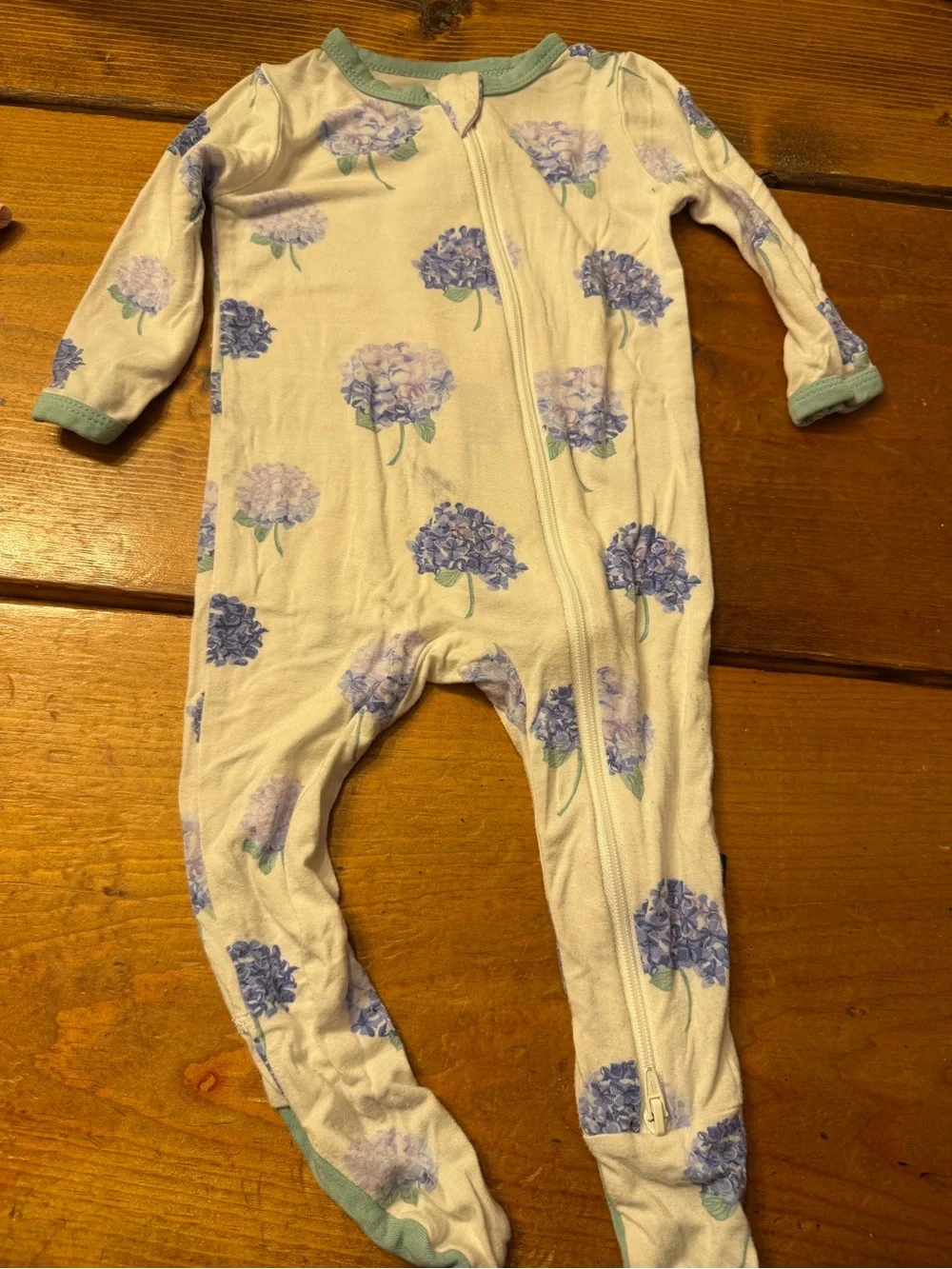 Kyte BABY Cream Footed One-Piece with Blue Hydrangea Print